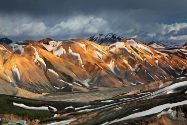 Sun lighting up the mountains at Landmannalaugar