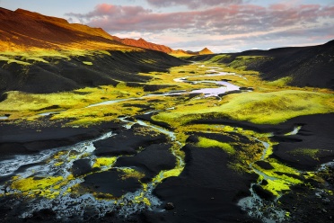 River valley filled with neon green moss at sunset
