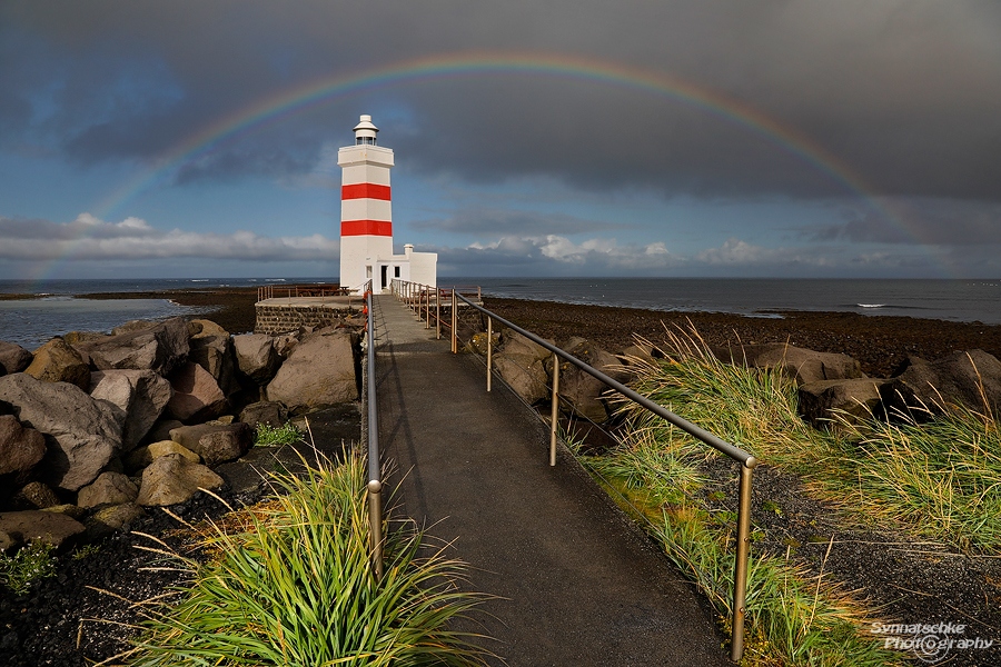 Lighthouse at Gardur with rainbow