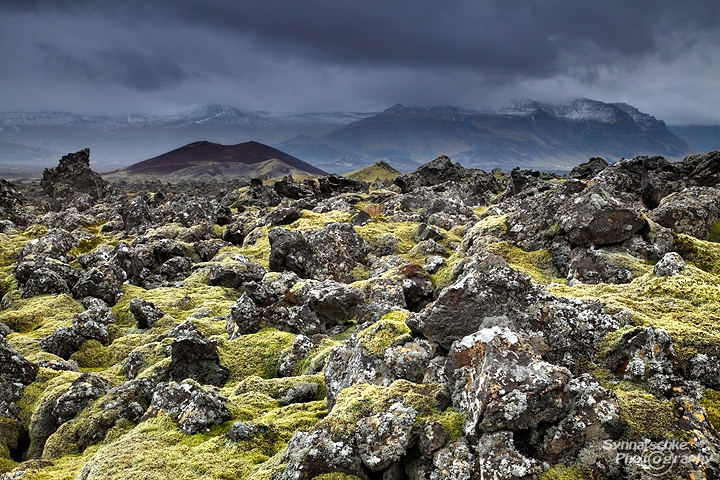 Volcano and Eldhraun (moss-covered lava boulders)