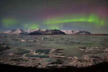 Aurora display at night at Jokulsarlon Glacier Lagoon