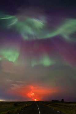 Northern Lights over the volcano on Reykjanes Peninsula
