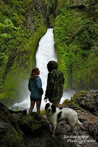 Wahclella Falls Hikers and Dog