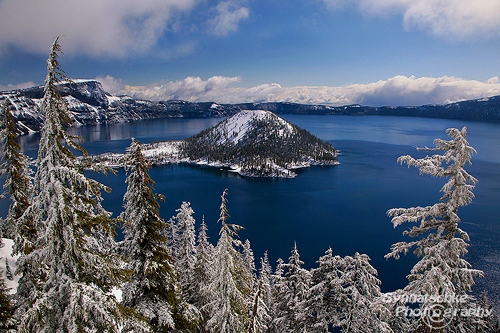 Wizard Island and Crater Lake in Winter 