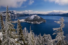Wizard Island and Crater Lake in Winter 
