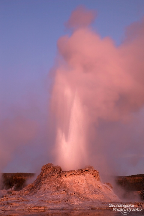 Castle Geyser erupting at twilight